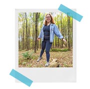 katie wearing allbirds leggings on a hike